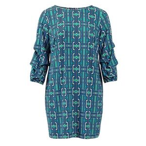 Tiana B. Plus Size 1X Blue Green Geometric 3/4 Ruched Sleeves Sheath Dress